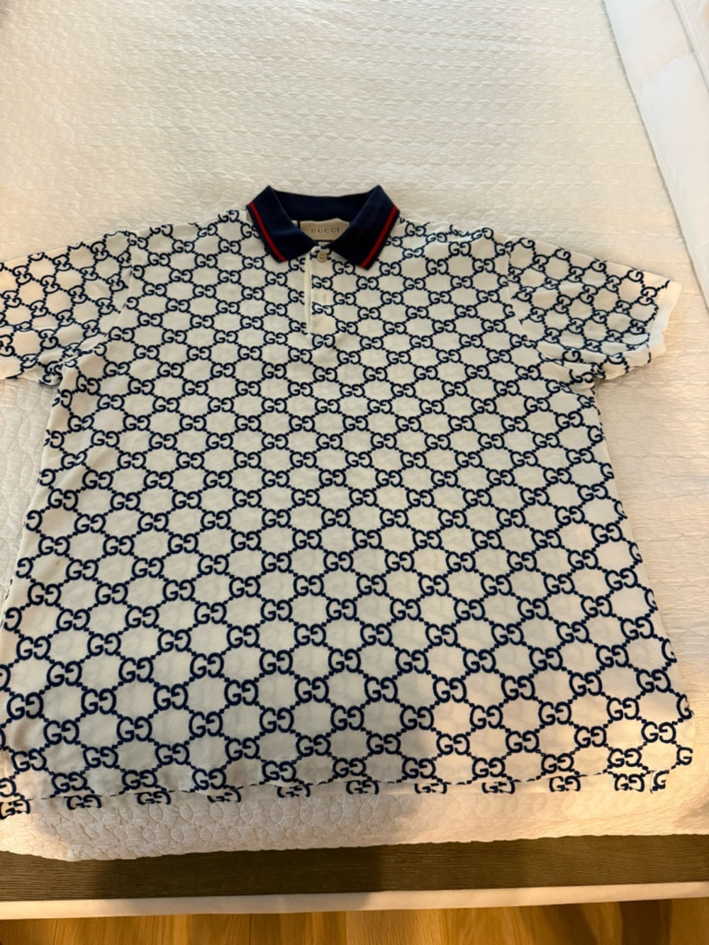 Gucci White Polo with Navy All-Over GG Pattern and Red-Trim Collar